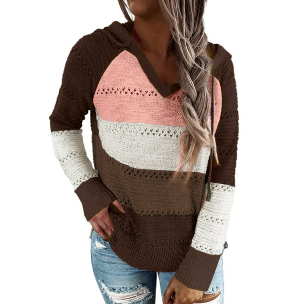 Womens Color Block Hoodie Striped Sweater Lightweight V Neck Knit Pullover Sweatshirts